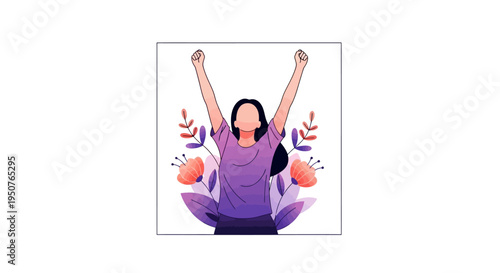 Women's Day A joyful young woman celebrating with her arms raised in a purple shirt and black skirt, surrounded by colorful flowers and leaves on a white background