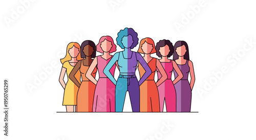 Women's Day A diverse group of women in colorful dresses standing together in a line with a joyful and celebratory mood