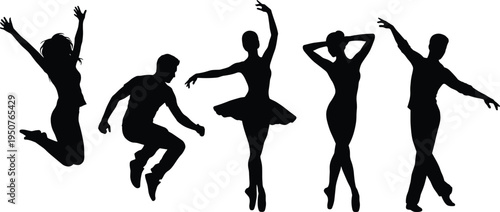 Black and white silhouettes of dancing people in dynamic poses, ballet, jump, performance, isolated figures on white background, set collection