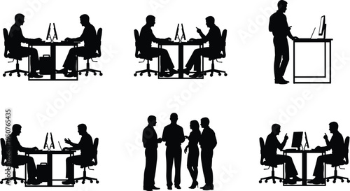 Business people office work silhouette collection isolated on white background, coworkers meeting discussion computer workplace vector illustration