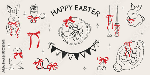 Vintage Easter rabbit sketches with spring bunny doodles, hand-drawn eggs and baskets, whimsical line illustrations, coquette bows and ribbons, floral cottagecore designs. Trendy vector illustration