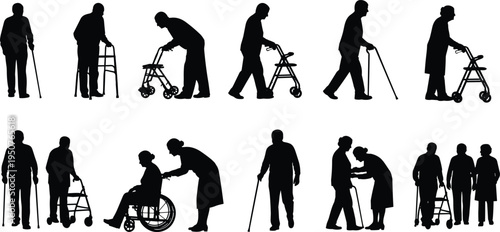 Elderly people care silhouette collection, seniors using walker cane wheelchair with caregiver, aging healthcare assistance support concept