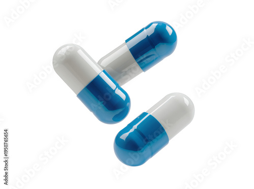 Photos Three blue and white pharmaceutical capsules, isolated on a transparent backgrou