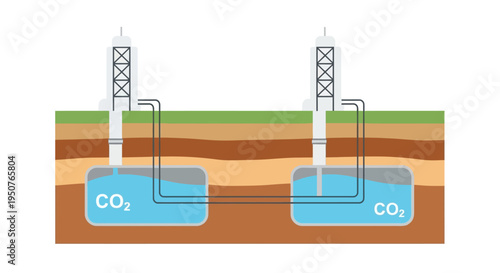 Diagram illustrating the process of carbon capture and storage, showing CO2 injection into underground geological formations.