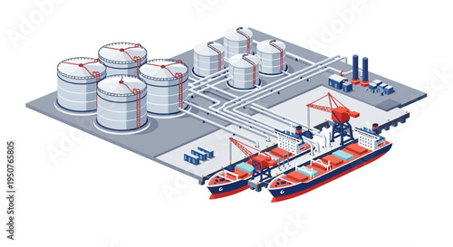 Isometric illustration of an industrial port facility with large storage tanks and cargo ships being loaded and unloaded by cranes.