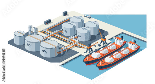 Industrial facility for storing and transporting liquefied natural gas (LNG) with large storage tanks and ships docked at the port.