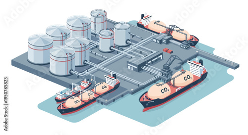 Isometric illustration of a large industrial complex featuring storage tanks and ships for liquid natural gas transport.