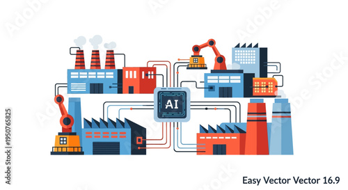 Artificial Intelligence powering modern automated factories and industrial production lines with robotic arms and advanced manufacturing systems.