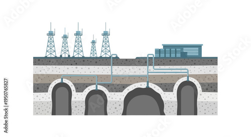 Cross-section illustration of a geothermal power plant with multiple wells extracting heat from underground reservoirs and a processing facility on the surface.