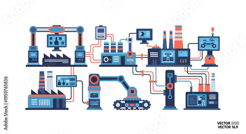 Modern automated factory illustration showcasing advanced manufacturing processes, robotic arms, and digital control systems.