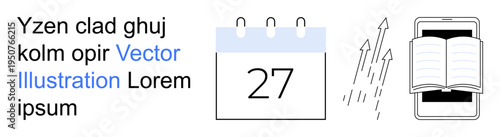 Digital learning, time tracking, education tools, scheduling, productivity, and technology integration. A calendar with the 27th, arrows an open book and a smartphone. Digital learning and time