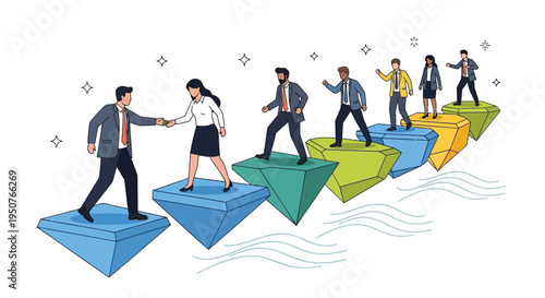 Vector illustration of business people stepping on puzzle pieces