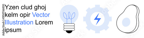 Renewable energy, innovation, sustainability, technology, creative ideas, and ecology. Light bulb, gear with a lightning bolt and an abstract shape. Innovation and renewable energy