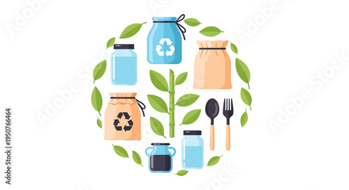Eco-friendly living concept illustration featuring a plant surrounded by recycling symbols, kitchen utensils, and sustainable waste management icons in a circular green leaf border