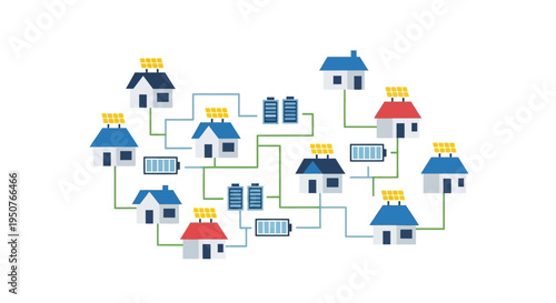Illustration of a smart microgrid connecting multiple houses with solar panels and battery storage systems for efficient energy distribution and management.