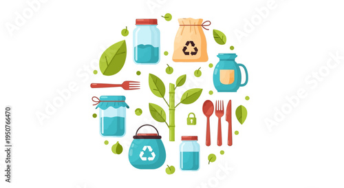 Eco-friendly kitchen utensils and recycling symbols surround a plant, promoting a zero waste lifestyle and sustainable living concept