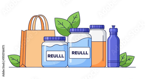 Illustration of eco-friendly products for a sustainable living concept, featuring reusable containers, a shopping bag, and a water bottle with green leaves, symbolizing zero waste lifestyle