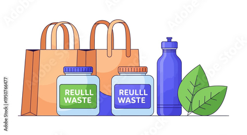 An eco-friendly illustration of reusable items for a zero waste lifestyle with a sustainable living concept