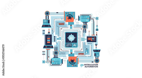 Abstract illustration of artificial intelligence and automation systems with intricate circuitry and robotic components.