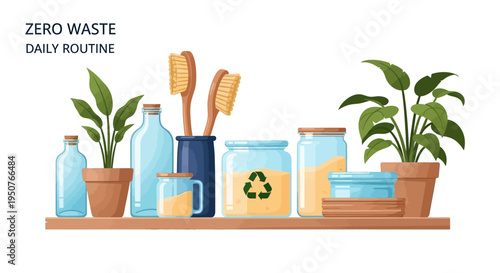 Illustration of eco-friendly kitchen utensils and sustainable living essentials on a shelf with plants, promoting zero waste lifestyle and healthy food