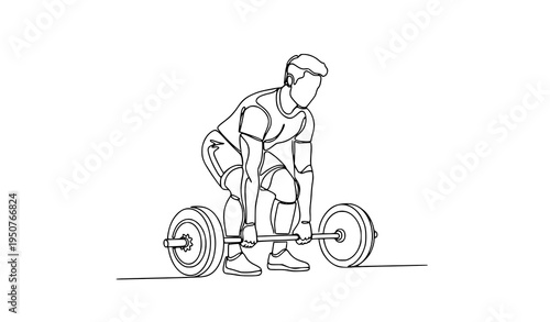 Continuous line drawing of young weightlifter preparing for barbell lift minimalist fitness vector illustration