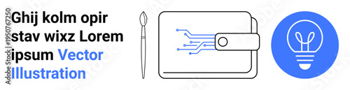 Digital payments, electronic banking, fintech, creativity, art and design, innovation. Wallet with circuit lines, brush and light bulb. Digital payments and creativity concept