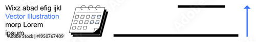 Scheduling, productivity, direction, planning, time management, organization. A calendar icon with text, an upward arrow and lines. Scheduling and productivity concept