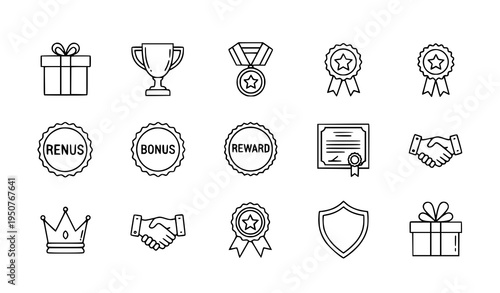 Reward line icons set trophy medal gift bonus recognition vector