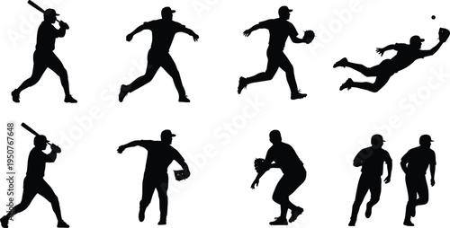 Baseball player silhouette set, batter pitching running catching diving action poses, sport athlete game training vector illustration
