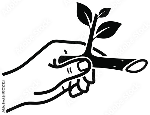 Hand holding plant cutting with new leaves—gardening propagation, grafting, and sustainable plant care illustration.