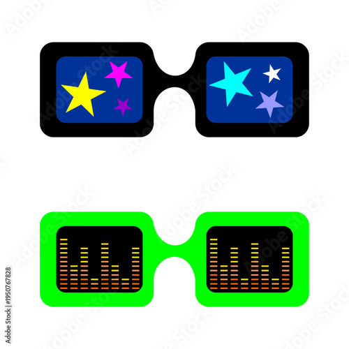 Glasses show colorful stars and sound bars equalizer on a white background during a night event