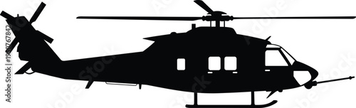 Black helicopter silhouette side profile on white background, military aircraft icon for aviation design, transport chopper with detailed rotors, vector.
