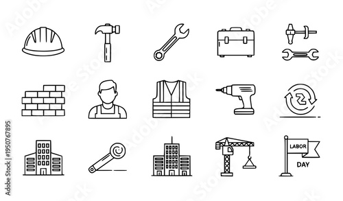 Labor and construction line icons set workers tools building renovation vector