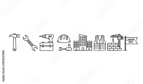 Construction and labor outline icons tools workers building vector set