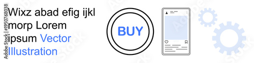 Online shopping, e-commerce services, user interface design, digital purchasing, technology, innovation. a Buy button, smartphone mockup and gear icons. Online shopping and e-commerce services