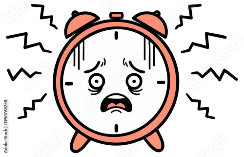 Panicked red alarm clock character with tired face ringing intensely