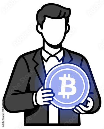 Businessman holding a glowing blue Bitcoin cryptocurrency coin vector