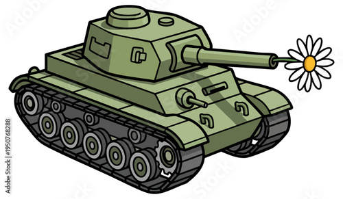 Cartoon tank with flower in gun barrel symbol of peace and hope
