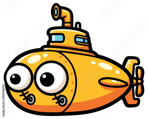 Cute Cartoon Yellow Submarine Character with Large Eyes Illustration