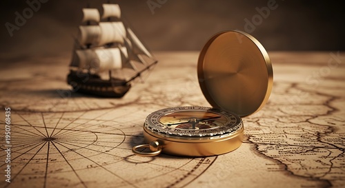 Vintage map with a compass and sailing ship. Antique design emphasizing exploration & navigation