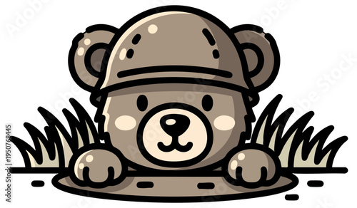 Adorable Bear Character with Army Helmet Peeking Through Tall Grass