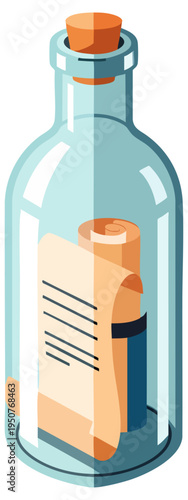 Message in a glass bottle with cork stopper and paper scroll inside