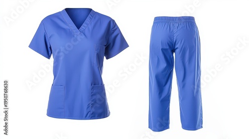 Blue medical scrubs set for healthcare professionals on white background