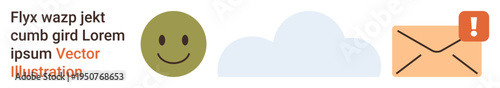 Messaging systems, cloud storage, online communication, email notifications, digital alerts, positive feedback. A happy face, cloud envelope with exclamation. Communication and email notifications
