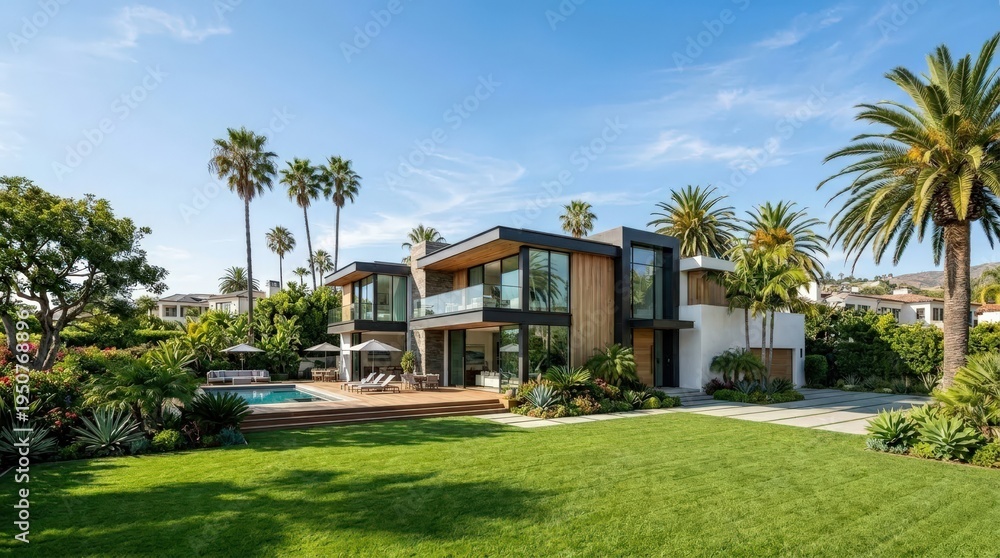 Fototapeta premium modern luxury house with swimming pool and tropical landscaping exterior