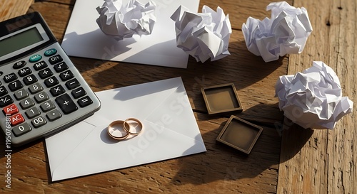 Wedding rings on an envelope amidst crumpled paper, calculator, on wooden surface