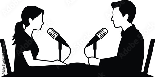 Podcast interview silhouette with man and woman speaking into microphones during radio broadcasting