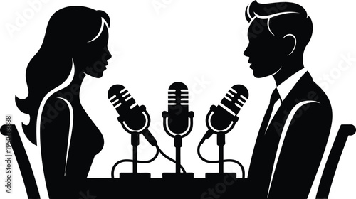 Radio host silhouette featuring man and woman with three professional microphones in recording studio