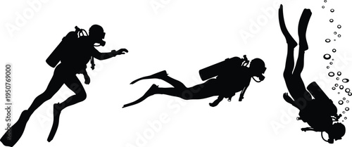 Scuba diver silhouettes set showing underwater swimming and diving positions with oxygen tank and bubbles isolated on white background