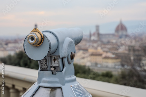 Beach scene with telescope, binoculars, tourism in Europe - travel photography